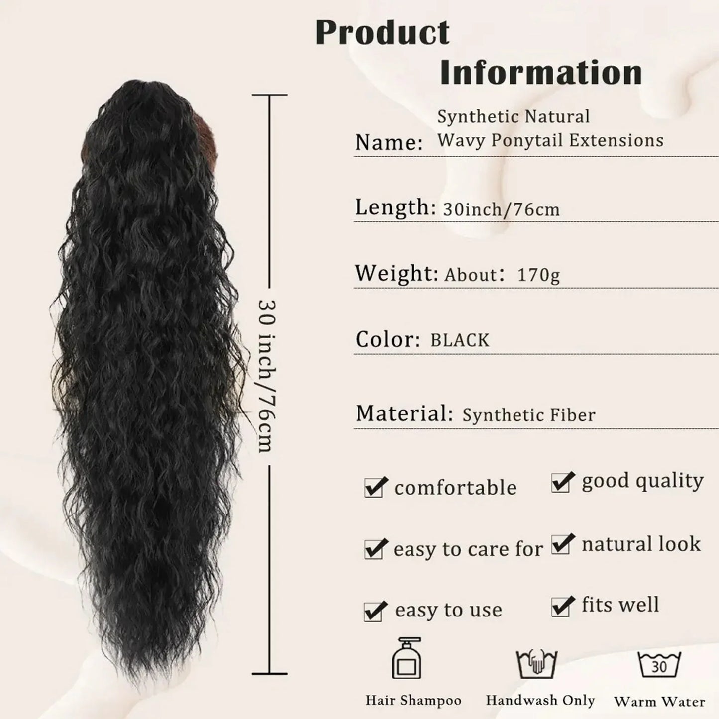 Long Wavy Ponytail Hair Extension Clip-In | Fluffy Faux Ponytail Hairpiece