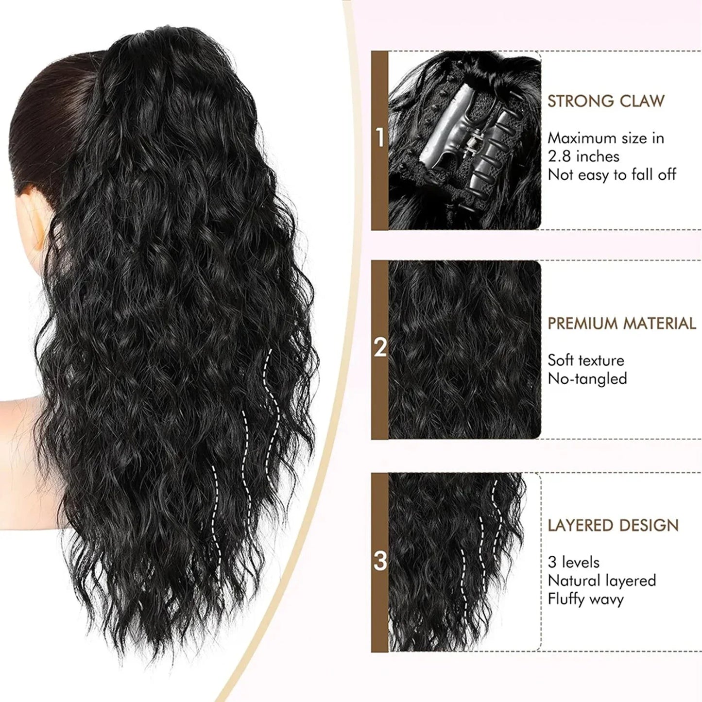 Long Wavy Ponytail Hair Extension Clip-In | Fluffy Faux Ponytail Hairpiece